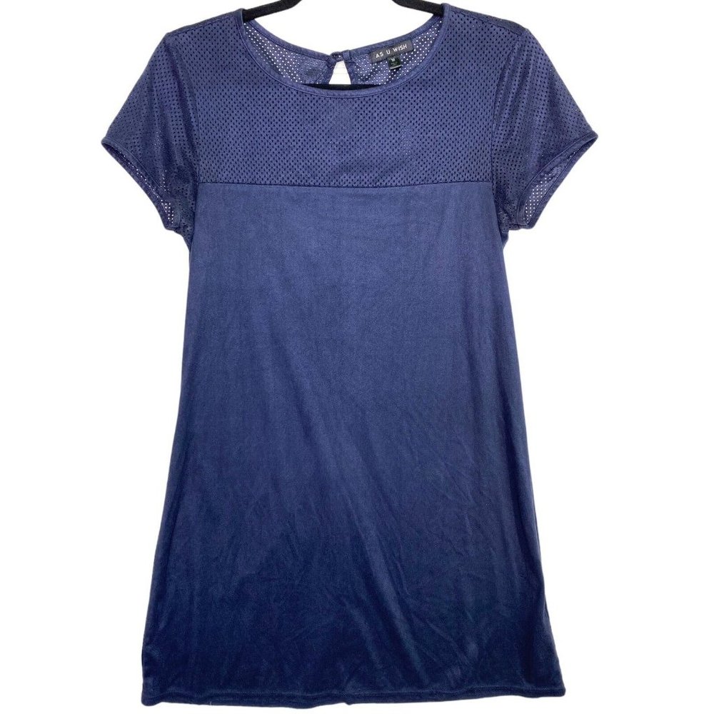 As U Wish Short-Sleeve Faux-Suede Shift Dress‎ Navy Blue Fall Mesh Cut Out